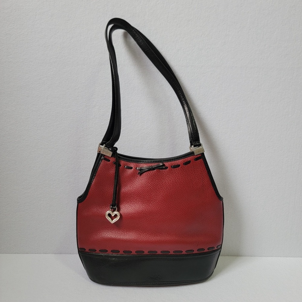 Brighton Bucket Bag Purse Satchel Handbag with Red Calf Hair Black Leather Trim
